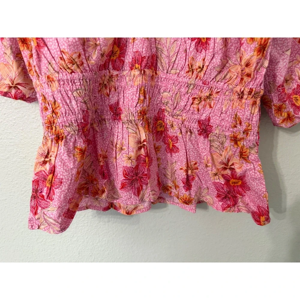 LOFT Pink Floral Smocked Waist Puff Sleeve Blouse Top Medium NWT 37036782